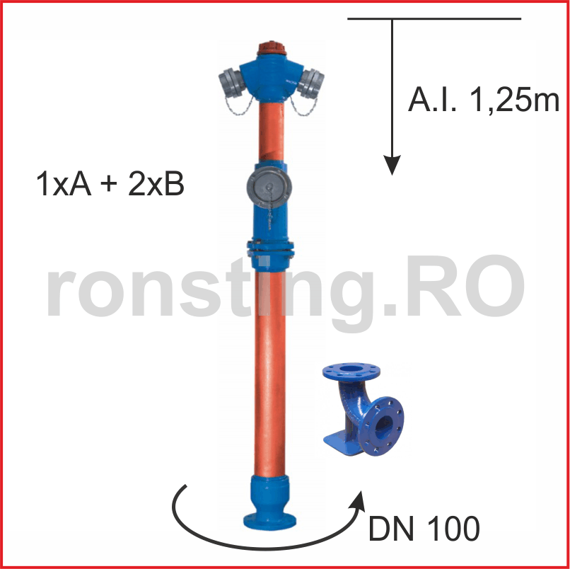Hidrant suprateran cu protectie DN100 1xA+2xB, A.I. = 1.25m + cot cu picior